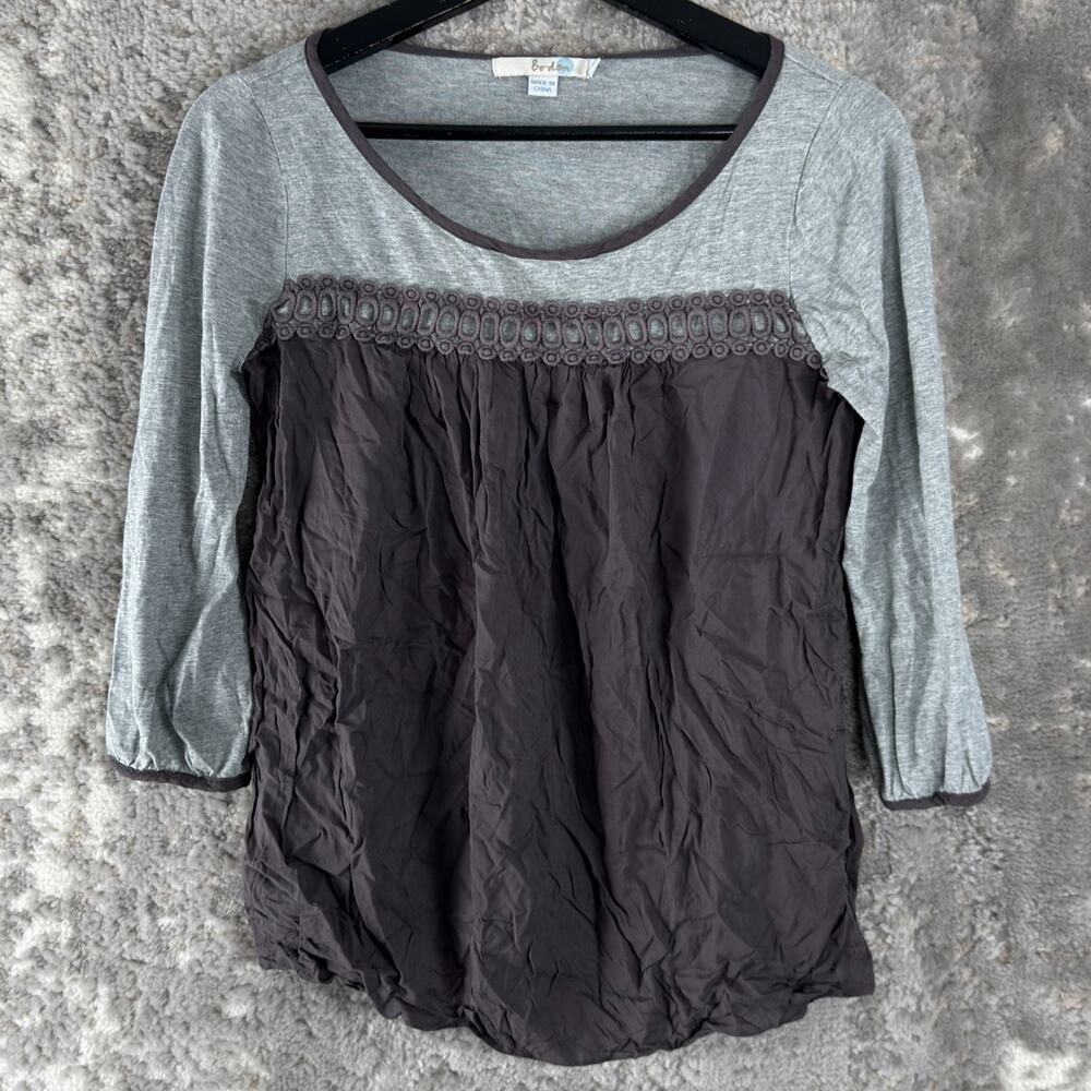 Boden Size 6 Casual 3/4 Sleeve Top Purple Gray Pullover Round Neck Cotton Blend